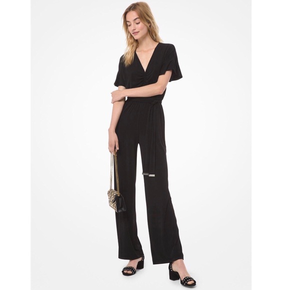 Michael Kors Wide Leg Jumpsuit Belted V-Neck Stretch Black Size L NWT $135.00 - Picture 1 of 13
